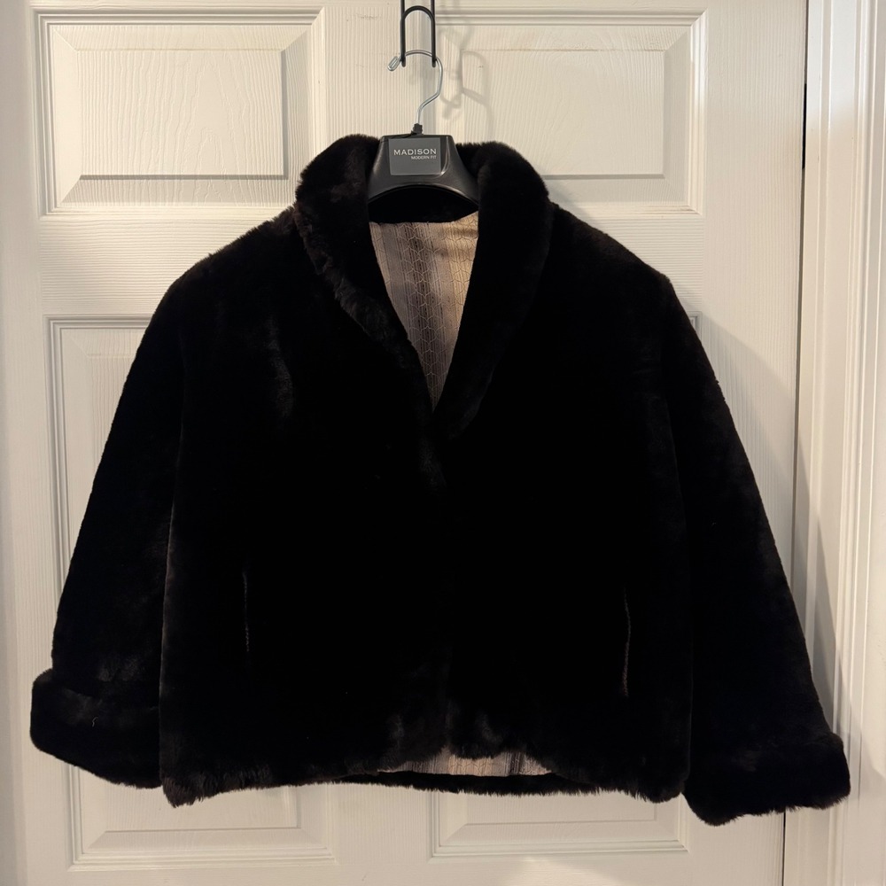 Madison Modern Fit Faux Fur Jacket Womens M Dark Brown Vintage Glam Shawl Collar